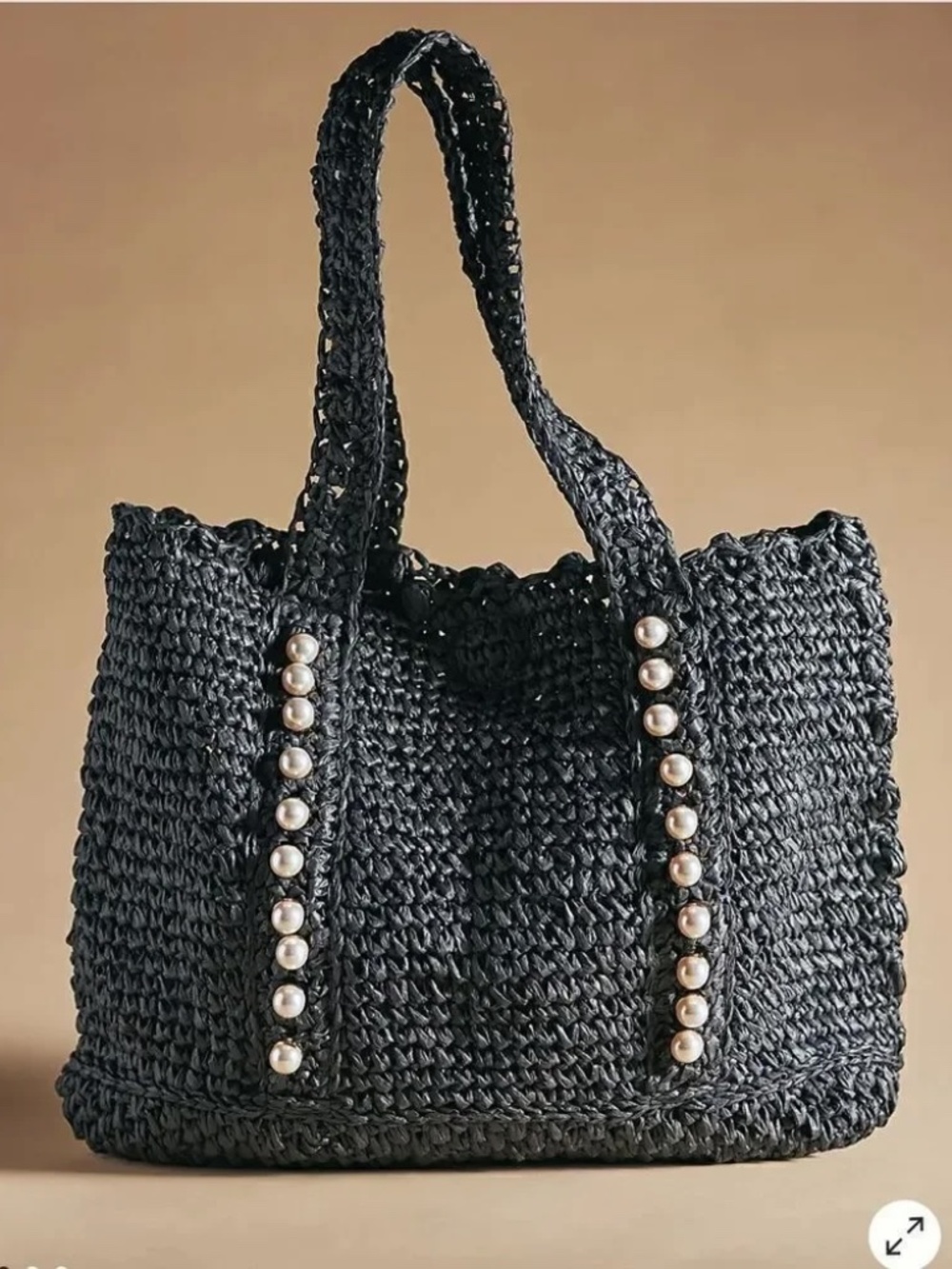 NWT Btb Los Angeles Black Woven Straw Beach Tote Bag with Faux Pearl Trim